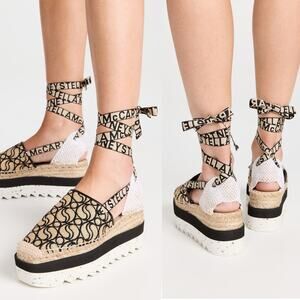 Stella McCartney Gaia Monogram Ribbon Ankle Wrap Espadrille Sandals EU 39 US 9